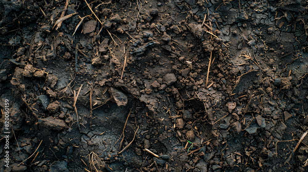 Close-up overhead shot of moist peaty soil, showing the intricate details of decomposed vegetation and organic content, perfect for backgrounds emphasizing fertility and natural growth Close-up overhead shot of moist peaty soil, showing the intricate details of decomposed vegetation and organic content, perfect for backgrounds emphasizing fertility and natural growth
