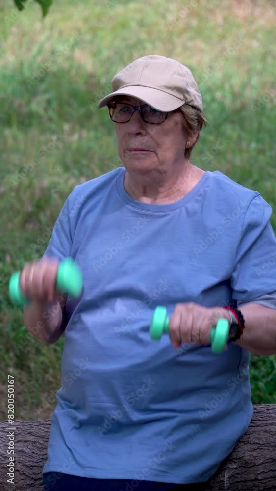 Retired woman doing exercises with weights, in the park. Real time video. Retired woman doing exercises with weights, in the park. Real time video.