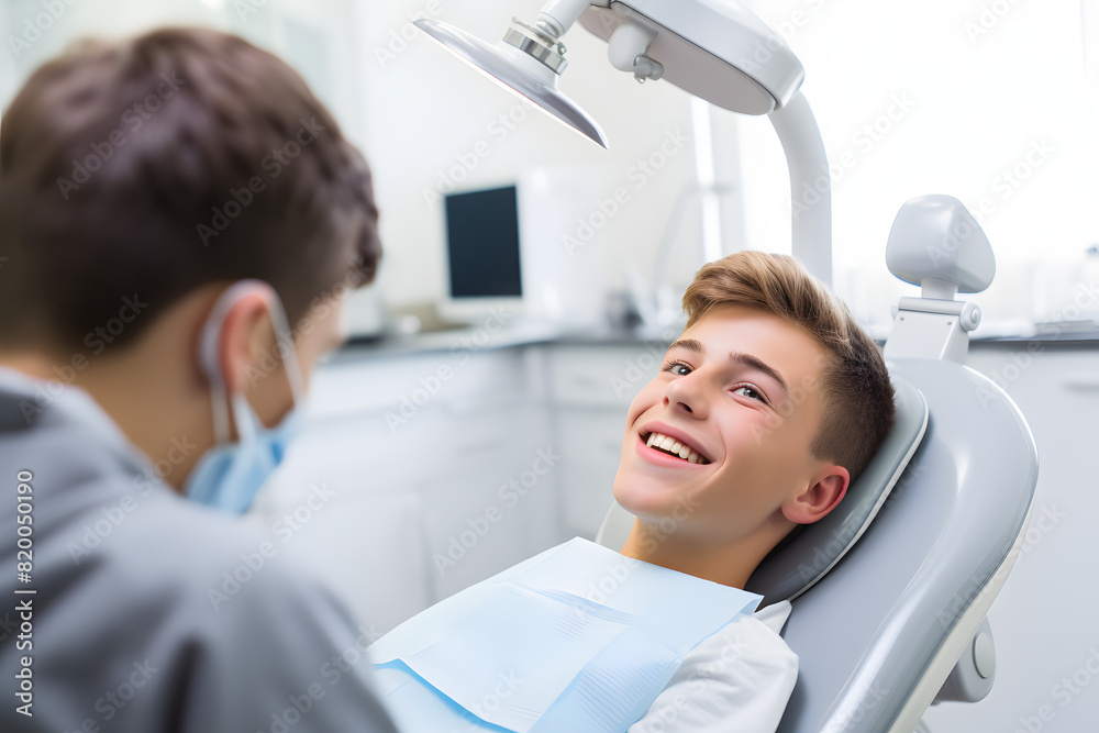 Teenager with braces receiving dental treatment in a pediatric dental office, decorated with colorful, cheerful artwork  Generative Ai,