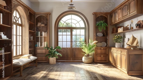 elegant mediterranean entrance hall with wooden cabinets and arched doorway 3d interior rendering