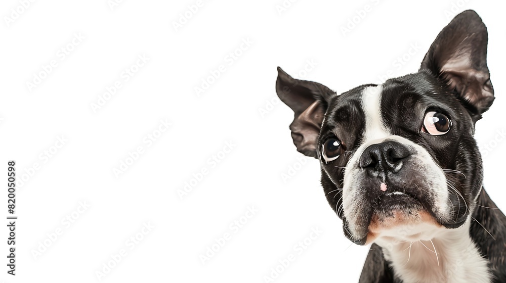 Studio headshot portrait of Boston terrier dog with head tilted looking forward against a white background : Generative AI Studio headshot portrait of Boston terrier dog with head tilted looking forward against a white background : Generative AI