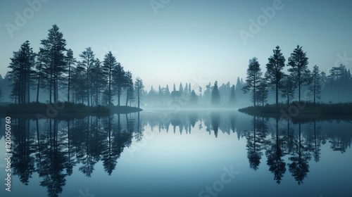 Reflection of trees in a still lake, lowangle view, twilight, mirrorlike water, deep blues and silhouettes, tranquil scene © nuttapong