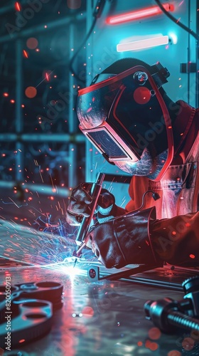 Visualize a mechanic welding parts with precision, fabrication theme, side view, emphasizing craftsmanship, futuristic tone, Complementary Color Scheme photo