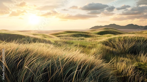 Rolling hills covered in tall grass and moss  golden hour  wideangle  warm light  calm and expansive