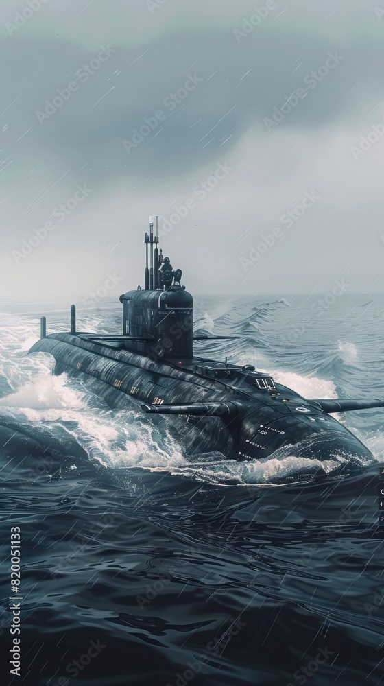 Fototapeta premium Visualize a submarine navigating underwater currents, marine theme, side view, emphasizing fluid resistance, futuristic tone, Complementary Color Scheme