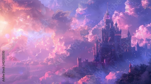 enchanting rose castle in pastel blue and pink cloudy sky digital fantasy painting