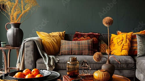 The stylish boho compostion at living room interior with design gray sofa wooden coffee table commode and elegant personal accessories Honey yellow pillow and plaid Cozy apartment Home : Generative AI
