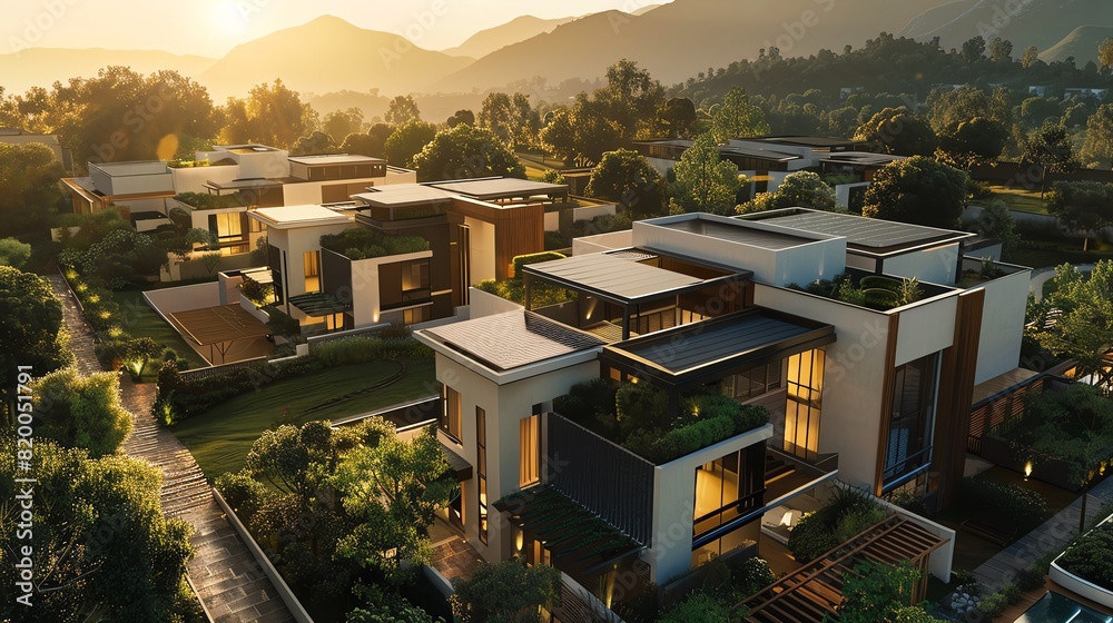 Fototapeta premium Solar panels on modern homes at sunset, ecofriendly architecture, aerial view, warm lighting