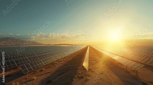 Solar farm in a desert landscape, rows of panels, bright midday sun, wide shot, expansive and orderly, renewable focus