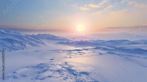 Snowy tundra at dusk, fading light, wide angle, vast and open, soft snow texture, cold and desolate atmosphere © nuttapong