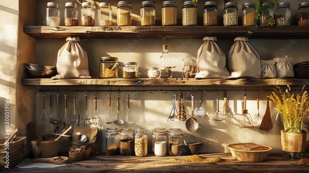 Sunlit kitchen with glass jars of grains on wooden shelves, cotton bags hanging, beeswax wraps covering bowls, and metal straws in a jar, rustic style, eyelevel view Sunlit kitchen with glass jars of grains on wooden shelves, cotton bags hanging, beeswax wraps covering bowls, and metal straws in a jar, rustic style, eyelevel view