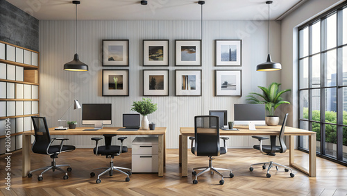 A modern office setup with empty frames on the wall, ready for customization. photo