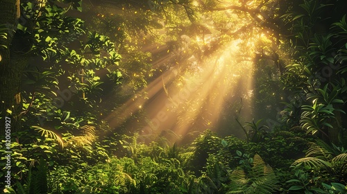 Sunlight filtering through dense forest foliage  wideangle shot  golden hues