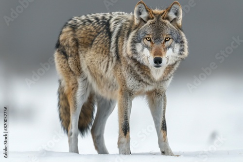 A grey wolf stands on a white background  high quality  high resolution