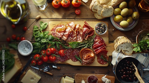 Vegan charcuterie board on rustic wooden table  topdown view  soft daylight  fresh farm ingredients  cozy kitchen