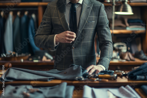 tailor in bespoke suit shop fitting client