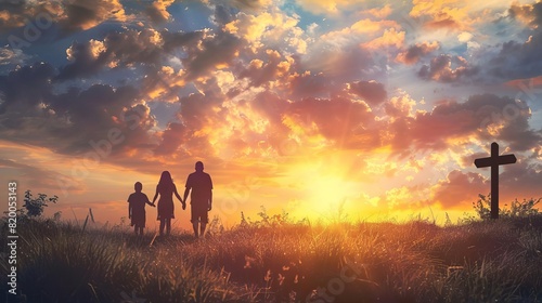 family silhouette walking towards vibrant sunset christian concept of togetherness and faith