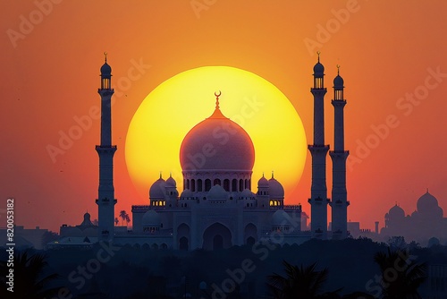 The sunset image with an islamic mosque silhouette