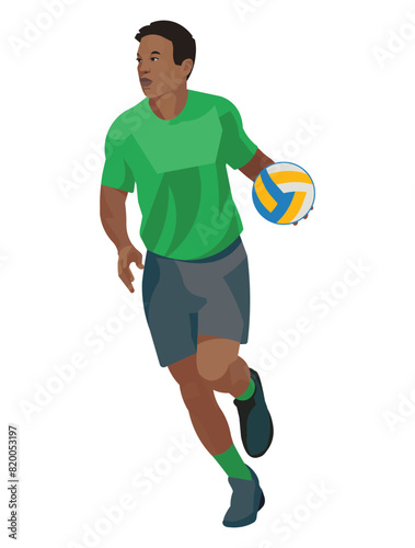 Dark-skinned volleyball player in a green t-shirt runs with ball for throw it