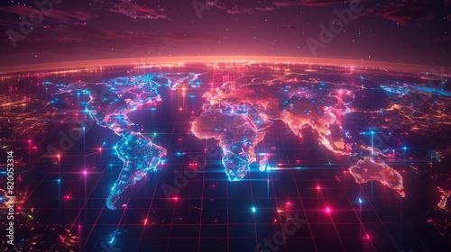 3D Neon World Grid  A neon-lit grid overlaying the world map  highlighting major cities and transportation networks with futuristic aesthetics.