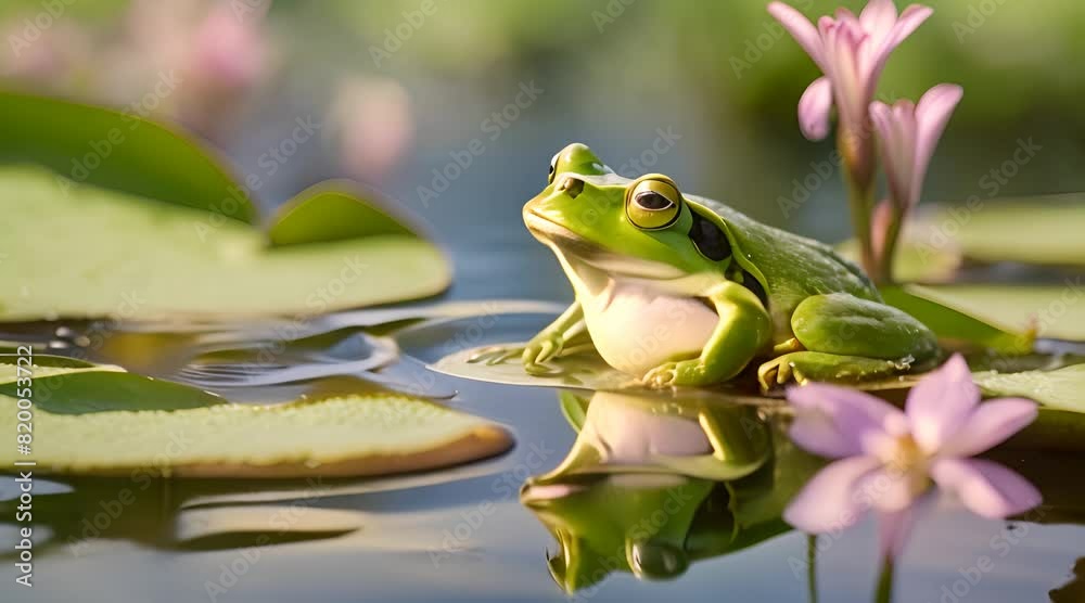 A tiny green frog, sitting on a lily pad in a clear pond surrounded by reeds and flowers A tiny green frog, sitting on a lily pad in a clear pond surrounded by reeds and flowers