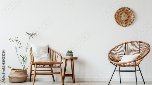 Interior design with white wall in living room Modern decor for house vertical shot of style in modern apartment wicker chair near wooden table Cozy decoration at niches : Generative AI photo
