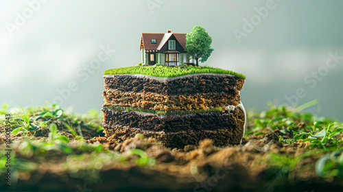 a cross-section of earth transformed into a cake slice, complete with a lush green lawn topping and a miniature house sitting quaintly on top, symbolizing eco-friendly living.