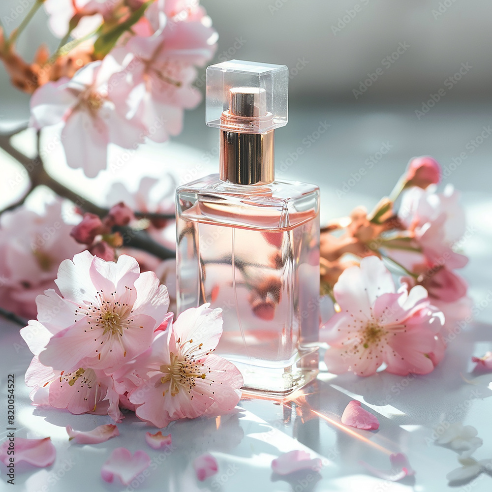 Perfume bottle with background of cherry blossoms generated.AI Perfume bottle with background of cherry blossoms generated.AI