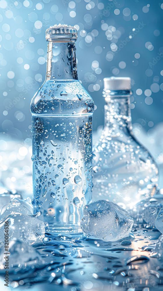a frosty scene with a blue-tinted bottle and a misty clear bottle, both beaded with condensation and nestled among ice on a cool blue surface a frosty scene with a blue-tinted bottle and a misty clear bottle, both beaded with condensation and nestled among ice on a cool blue surface