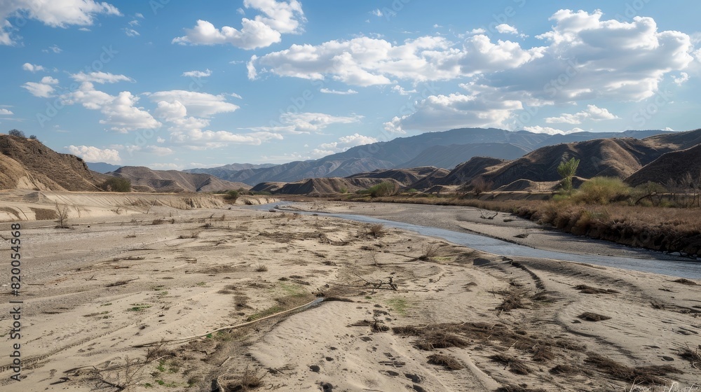 Dry river in severe drought, exposed riverbed, struggling vegetation, highlighting El Nino and climate change effects