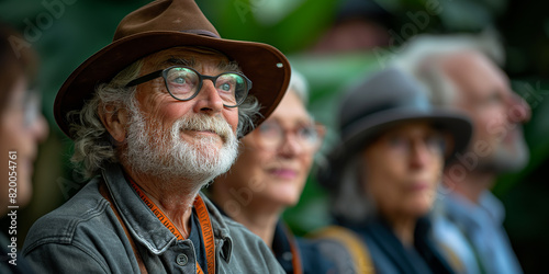 Close-up photo of an elderly tourist, enjoying nature in a tropical forest,