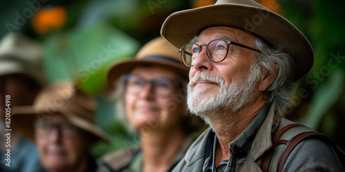 Close-up photo of an elderly tourist, enjoying nature in a tropical forest,