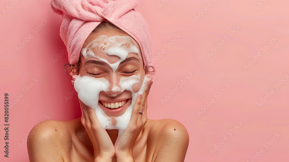 Smiling young woman washing foam face by natural foamy gel Satisfied girl with bare shoulders applying cleansing beauty product on cheeks closed eyes Personal hygiene skincare daily ro : Generative AI Smiling young woman washing foam face by natural foamy gel Satisfied girl with bare shoulders applying cleansing beauty product on cheeks closed eyes Personal hygiene skincare daily ro : Generative AI