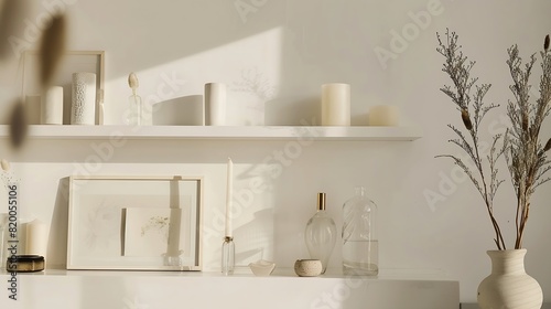 Aesthetic modern minimalist Scandinavian home interior decorations Elegant bohemian living room with white wall shelves with candle picture frame storage box bottle vase fragrance   Generative AI