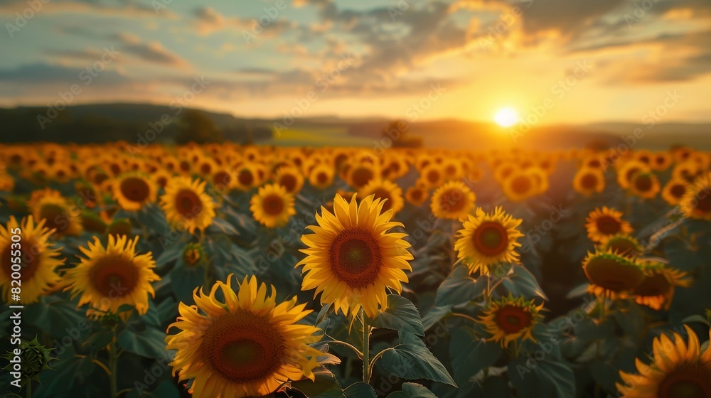 Obraz premium Golden Sunrise Illuminating Majestic Sunflower Field Background