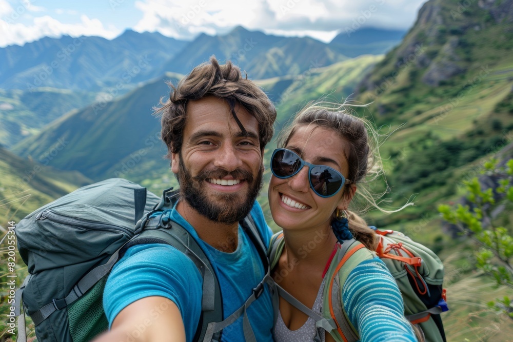 A man and woman are smiling for the camera while wearing backpacks A man and woman are smiling for the camera while wearing backpacks