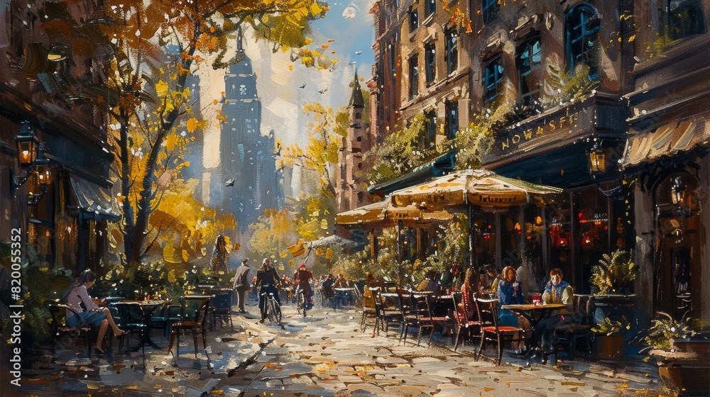 Bustling European city street lined with cafes and old buildings beneath a colorful autumn sky