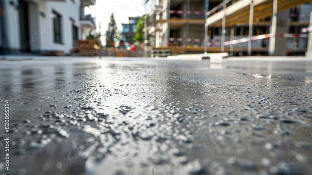 Detailed view of a new concrete sidewalk, textures of the wet concrete visible, urban construction materials in the background