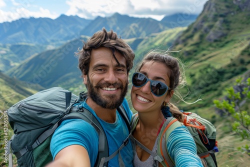 A man and woman are smiling for the camera while wearing backpacks
