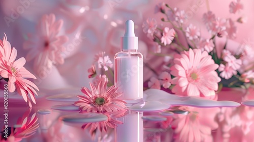A white serum in pink background with flowers.