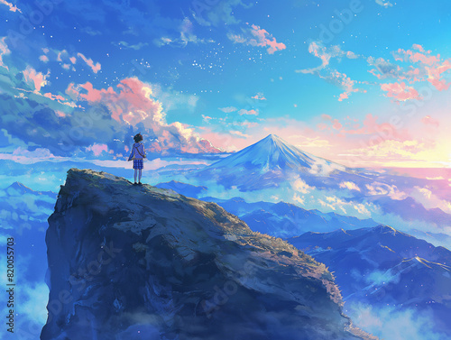 Digital anime style art painting of a boy standing on top of a mountain looking towards another beautiful mountain far away