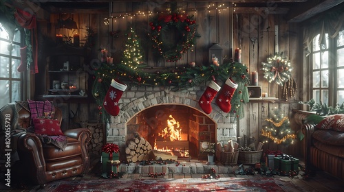 A quaint cottage fireplace, adorned with garlands and stockings during the holidays, with a worn leather sofa inviting you to snuggle up with a hot cocoa.