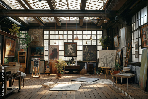 artist's loft with high ceilings and large windows photo