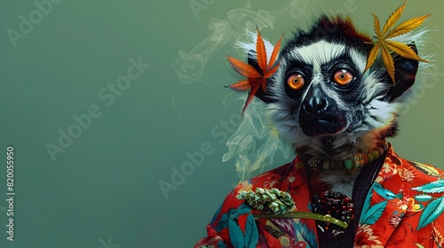 Surreal Lemur Adorned in Cannabis Reggae Attire Amid Verdant Greenery photo