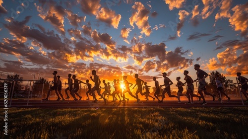 Photo of a high school track team practicing hurdles at dawn, with coaches directing and athletes showing sweat and effort.