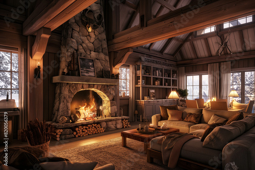 cozy ski lodge living room with a fireplace © Damian