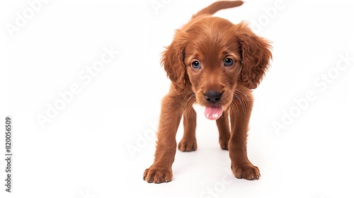 Funny head shot of cute red Cobberdog puppy standing facing front Looking curious towards camera Isolated on white background Tongue out   Generative AI