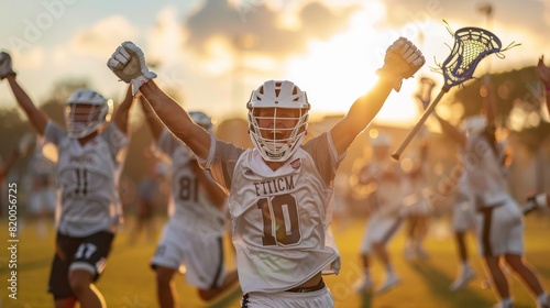 Photo of a lacrosse player celebrating a winning goal, with teammates jumping in joy on an outdoor field. photo