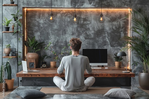 Man meditating crosslegged in front of computer amid plants and wooden decor photo