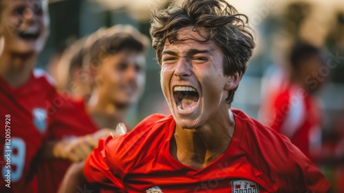Photo of a soccer player celebrating after scoring a goal during a high school match, with joyful expressions and teammates celebrating.